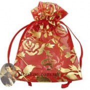 Пакет подарочный органза красный с золотыми розами