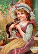 Девочка с котенком 390 Арт милениум ткань с рисунком для бисера